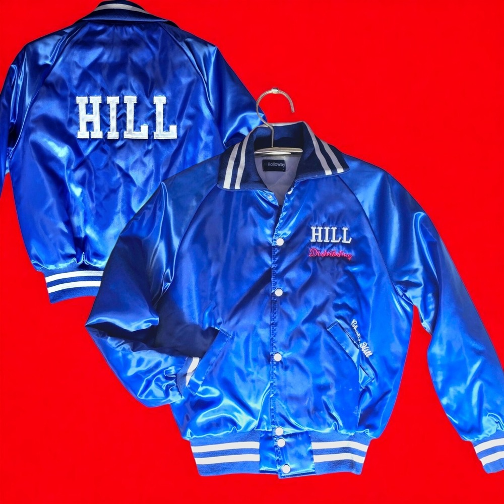 vintage 70s‎ blue satin varsity jacket L beverage distributor Holloway USA